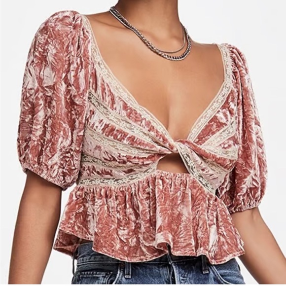 Free People Yours Truly Velvet Peplum boho blouse mauve NWT - Picture 4 of 11